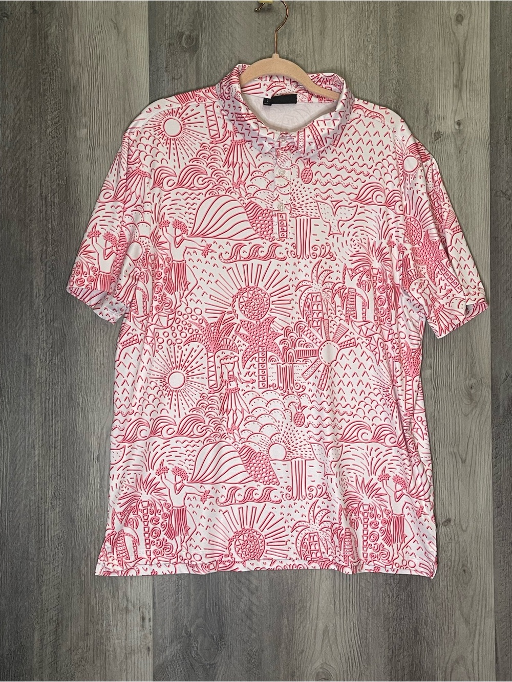 Yatta Golf Polo Shirt Mens Large Pink/White Hawaiian Tropical Graphic Print